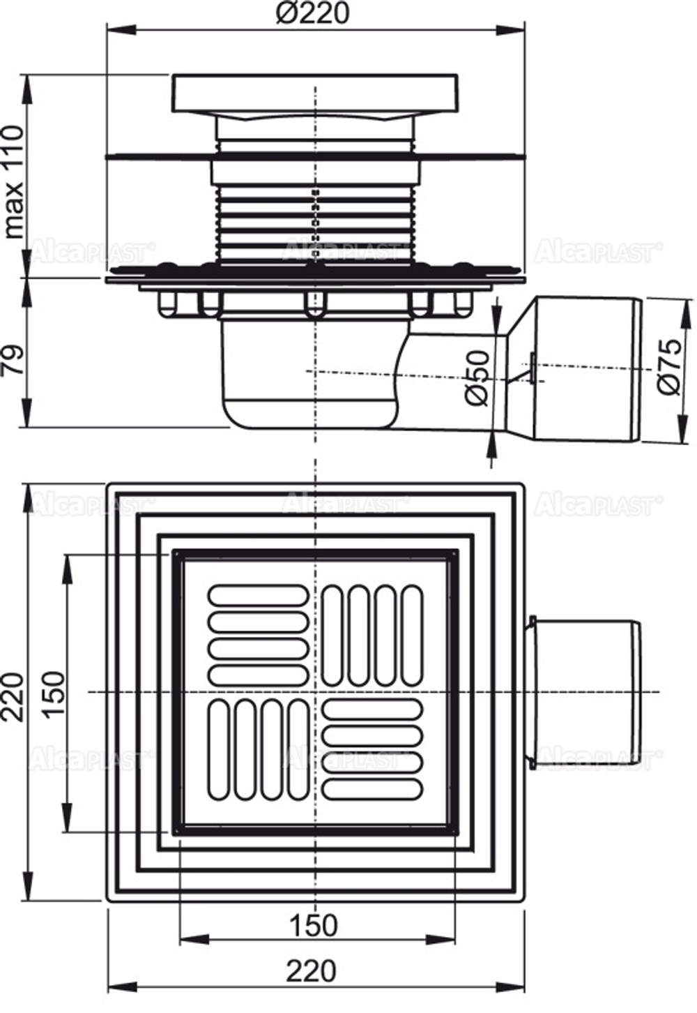 Сливной трап AlcaPlast APV3444 150 x 150/50/75