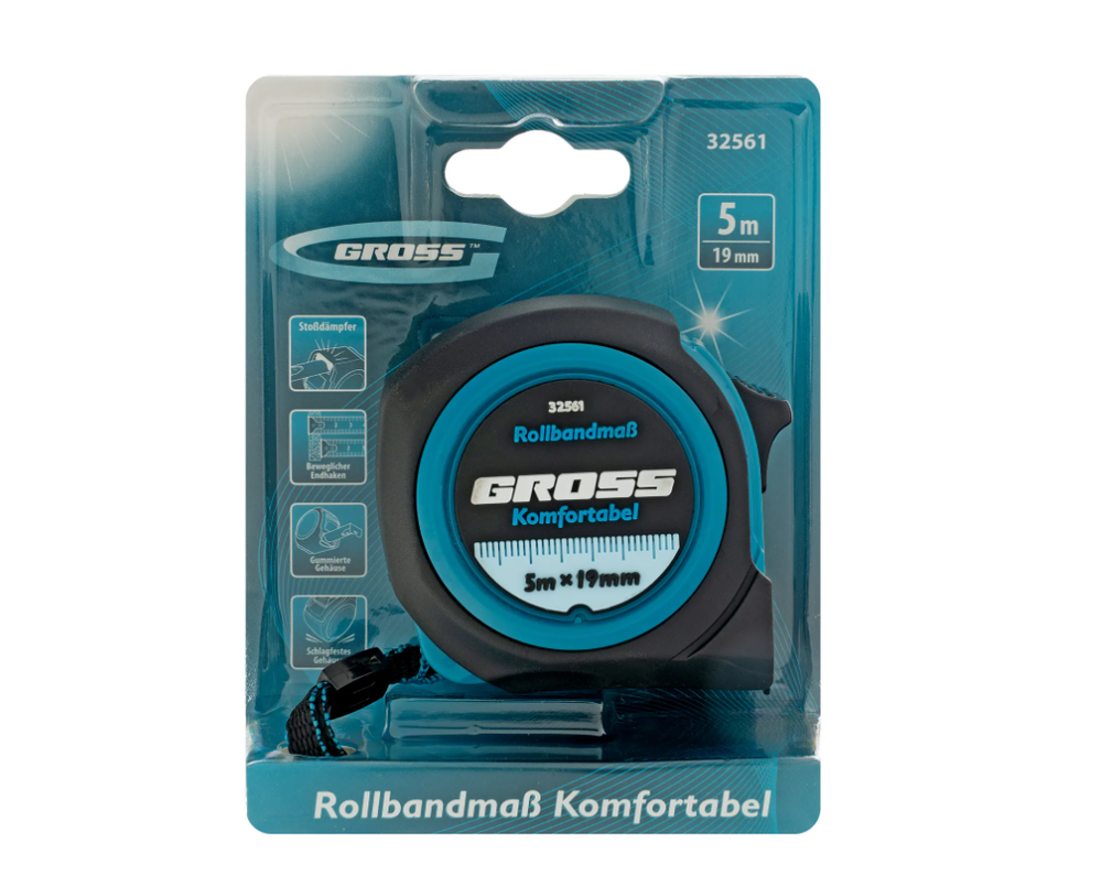 Рулетка Komfortabel, 5 м х 19 мм обрезиненный корпус GROSS 32561