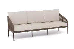 "Канны" диван 3-местный плетеный из роупа, каркас алюминий коричневый (RAL8016) муар, роуп коричневый круглый, ткань бежевая 035