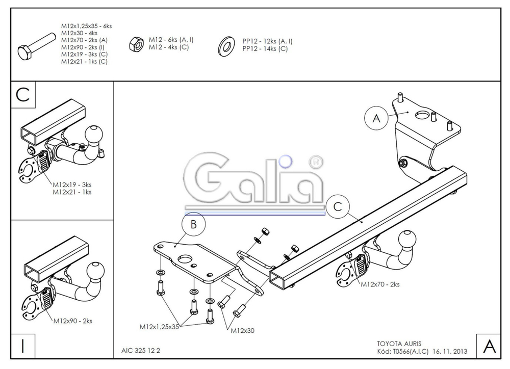 Фаркоп оцинкованный Galia T056C для Toyota Auris хетчбек 2007-2013, 2013-(паспорт и сертификат в комплекте)(без электрики)