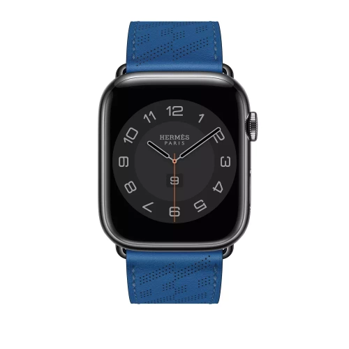 Apple Watch Series 8 Hermes 45mm, черный корпус, синий кожаный ремешок с перфорацией H