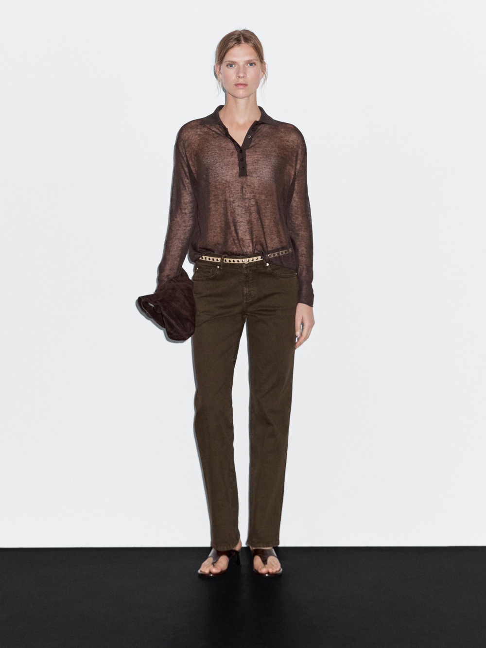 Massimo Dutti Брюки прямого кроя со средней посадкой и эффектом денима, шоколадный