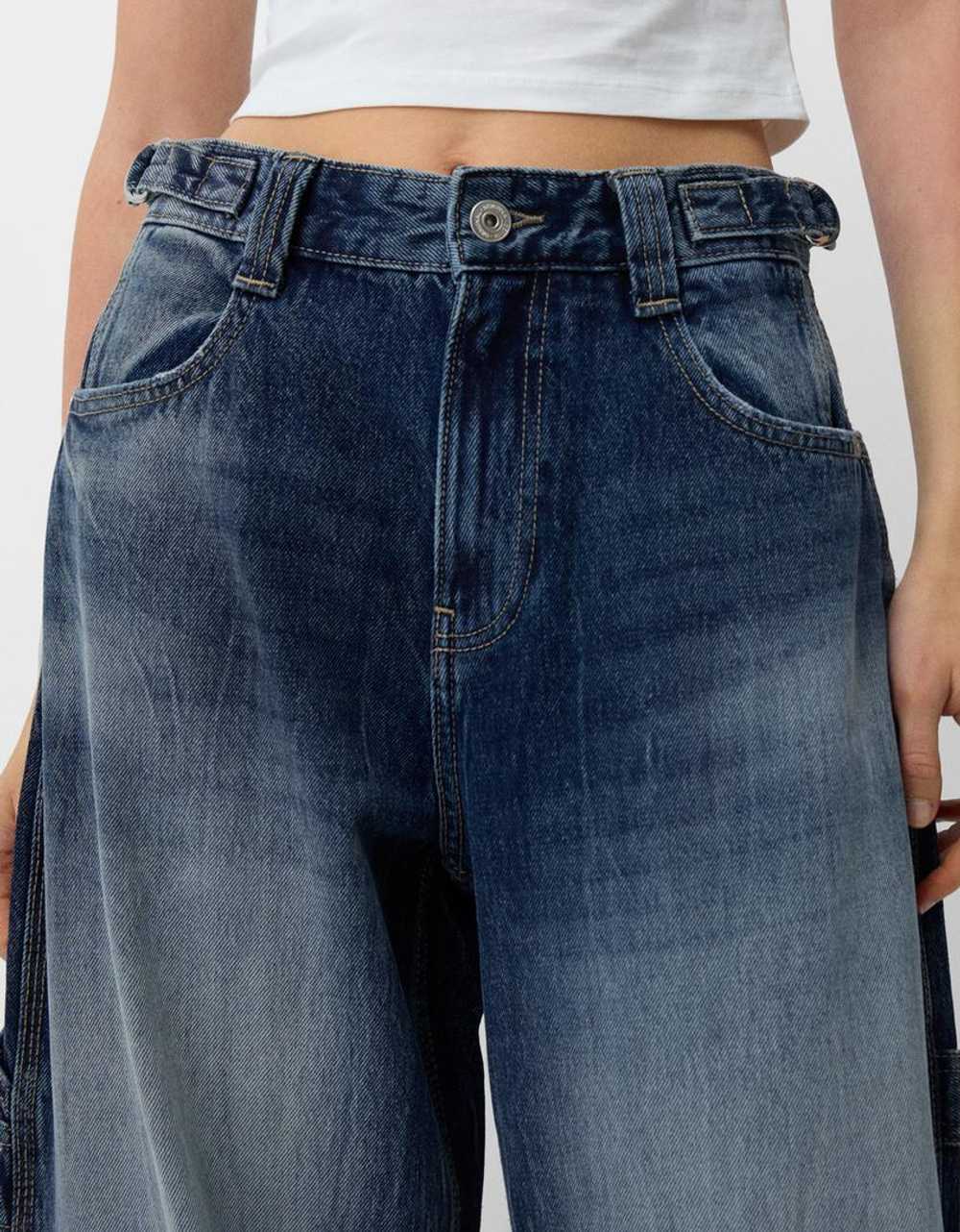 BERSHKA ДЖИНСЫ BALLOON FIT, ТЕМНО-СИНИЙ