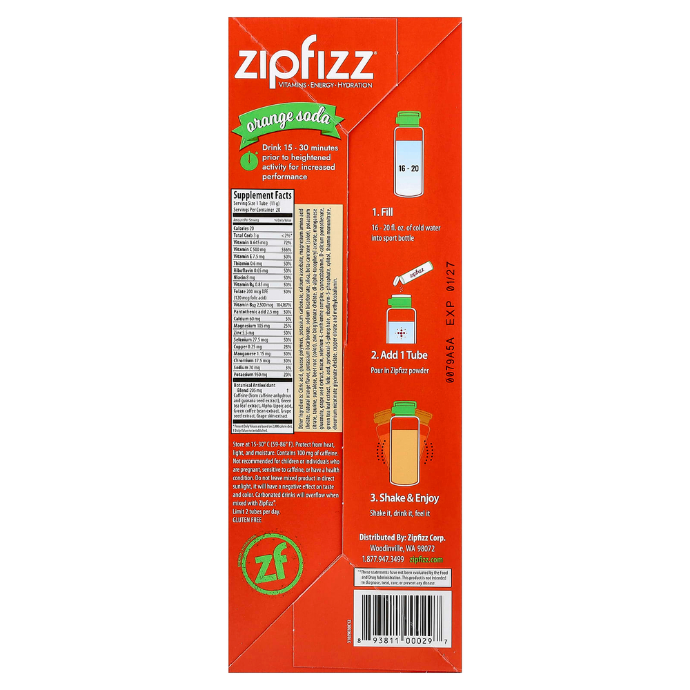 Zipfizz, смесь для энергетического напитка, апельсин с содовой, 20 тюбиков по 11 г (0,39 унции)