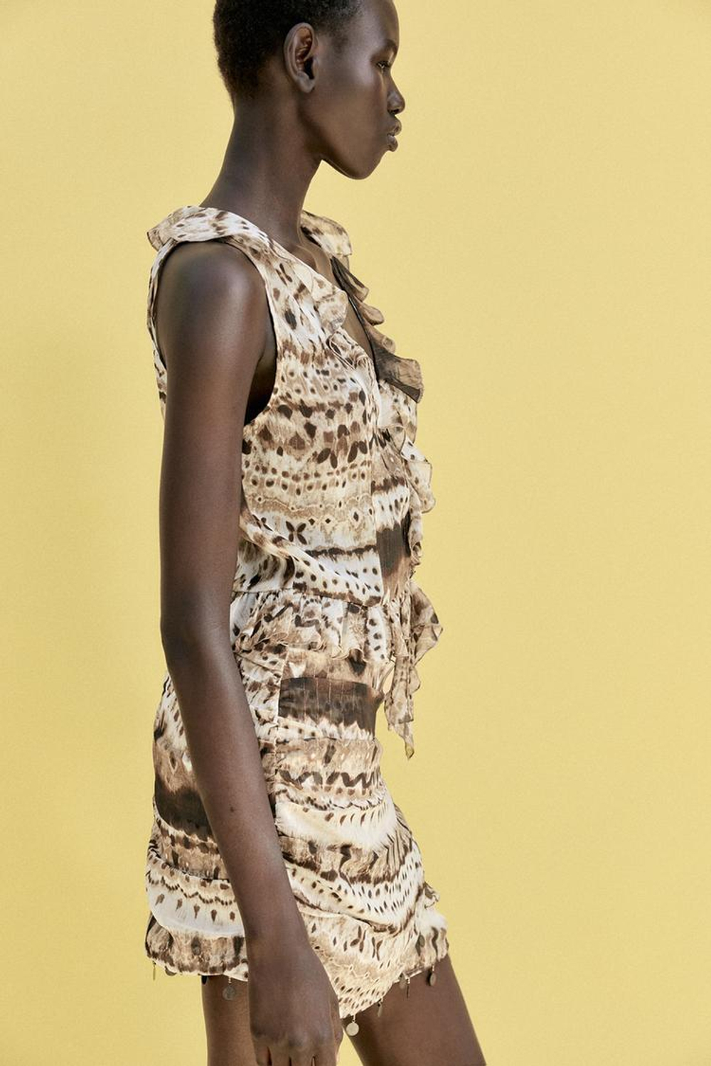 ZARA ТОП ИЗ ТКАНИ С ПРИНТОМ ТАЙ-ДАЙ С ВОЛАНАМИ, РАЗНОЦВЕТНЫЙ