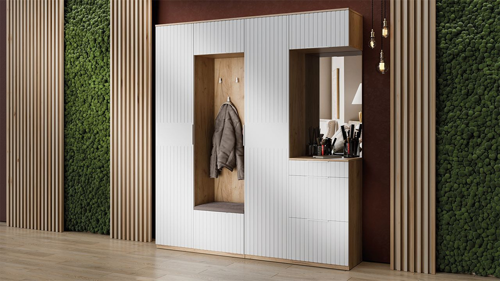 Прихожая с зеркалом комплект мебели Дуб Крафт золотой/Графит матовый 206х43х226 см