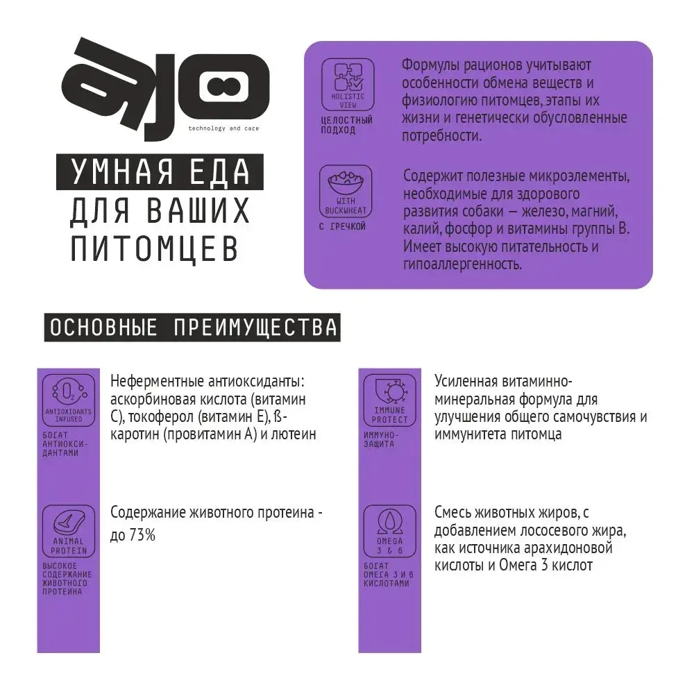 AJO (Айо) Dog Sense Сухой полнорационный корм с гречкой для собак с чувствительным пищеварением
