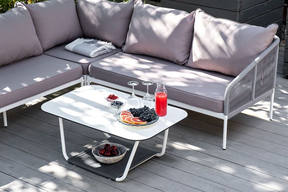 "Канны" диван модульный плетеный из роупа, каркас алюминий белый, роуп светло-серый круглый, ткань светло-серая