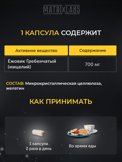 Matrix Labs Lions Mane Ежовик Гребенчатый (Мицелий) 700 мг. (90 капс.)