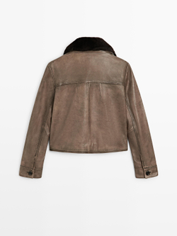 Massimo Dutti Куртка из кожи наппа с воротником из овчины, коричневый