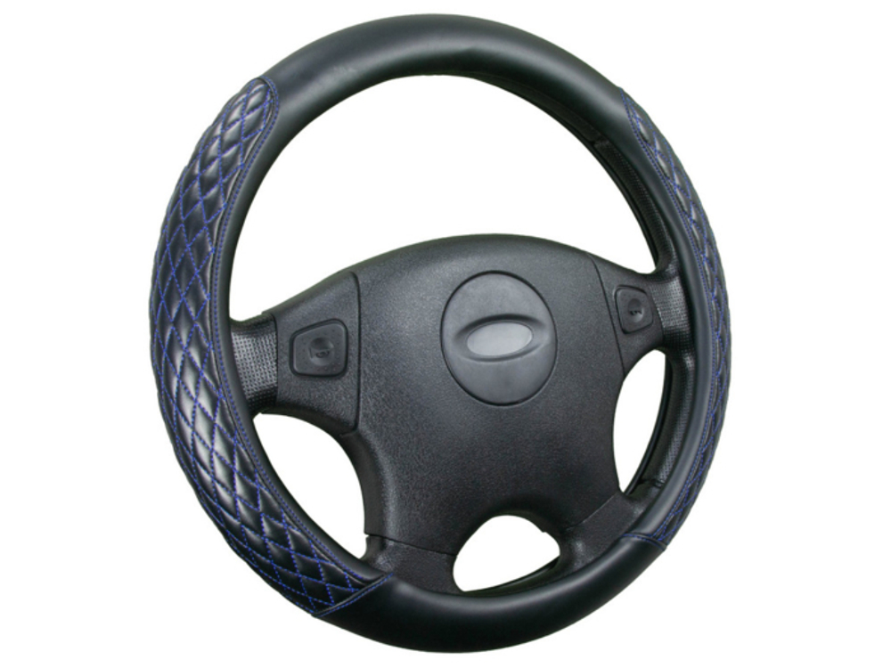 Оплетка на руль круглая CarFashion -М- «ROMB» 31551 - Экокожа - черный/черный/шов синий