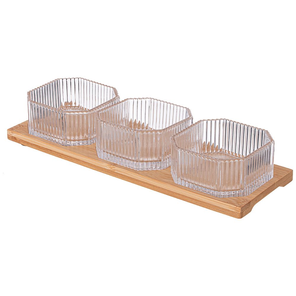 НАБОР ЕМКОСТЕЙ ИЗ 3-Х ШТУК "PERFO" 8,5*4СМ НА БАМБУКОВОЙ ПОДСТАВКЕ