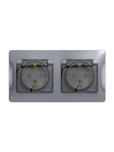 Розетка 2-м СП 2мод. Glossa 16А IP44 с заземл. защ. шторки в сборе алюм. SE GSL000347