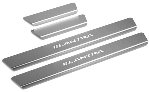 Накладки на пороги Rival для Hyundai Elantra AD рестайлинг 2019-н.в., нерж. сталь, с надписью, 4 шт., NP.2314.3