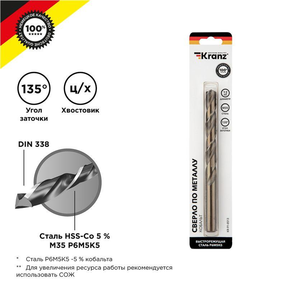 Сверло по металлу 12х151х101мм "Кобальт" (сталь HSS-Co 5% M35 P6M5K5) DIN 338 блист. Kranz KR-91-0513