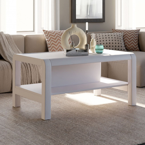 Журнальный столик с полкой Мадейра 90х50х58 см из массива сосны в стиле лофт, белый