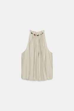 ZARA ТОП С ГОРЛОВИНОЙ ХАЛТЕР И БУСИНАМИ, ЭКРЮ