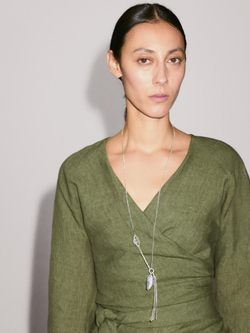 Massimo Dutti Блуза из струящегося льна с завязками на поясе, зеленый