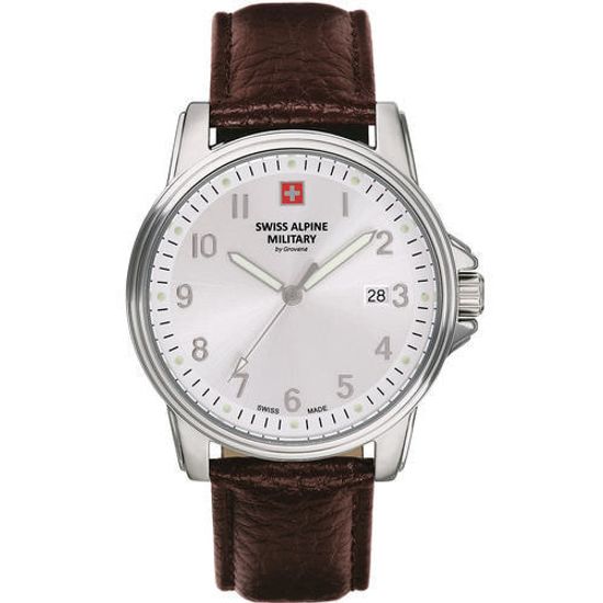 С ремешком Мужские наручные часы с коричневым кожаным ремешком Swiss Alpine Military 7011.1532 mens 40mm 10ATM
