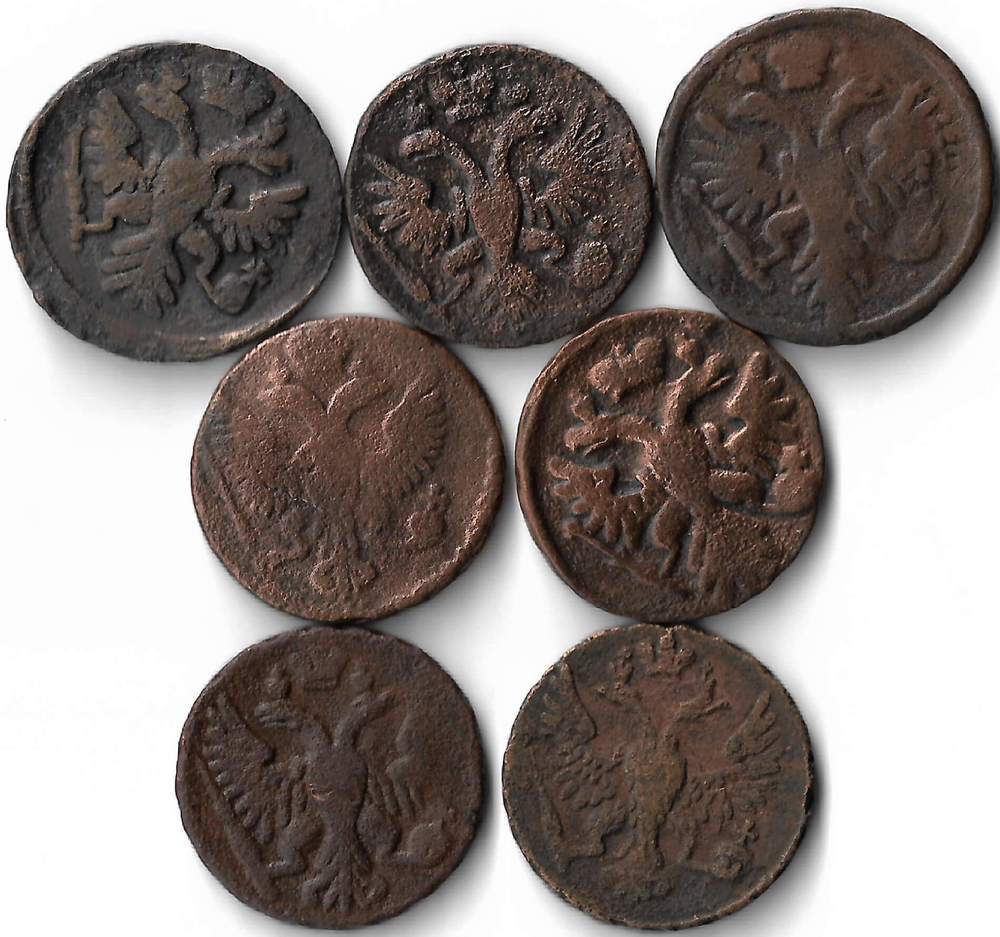 Набор медных монет Денга 1731-1750 года (7 монет) без повторов (F)