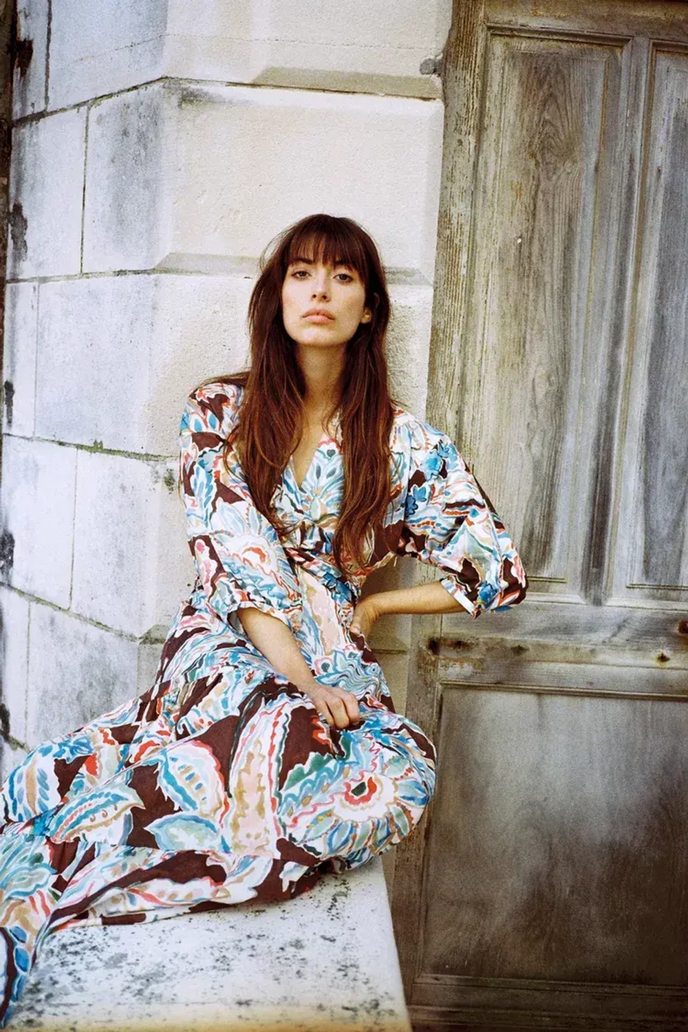 ZARA ПЛАТЬЕ ИЗ ПОПЛИНА С ПРИНТОМ И УЗЛОМ, КОРИЧНЕВЫЙ/ЭКРЮ