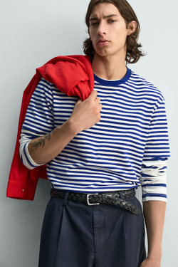 ZARA ФУТБОЛКА REGULAR FIT ЖАККАРД В ПОЛОСКУ, БЕЛЫЙ/СИНИЙ