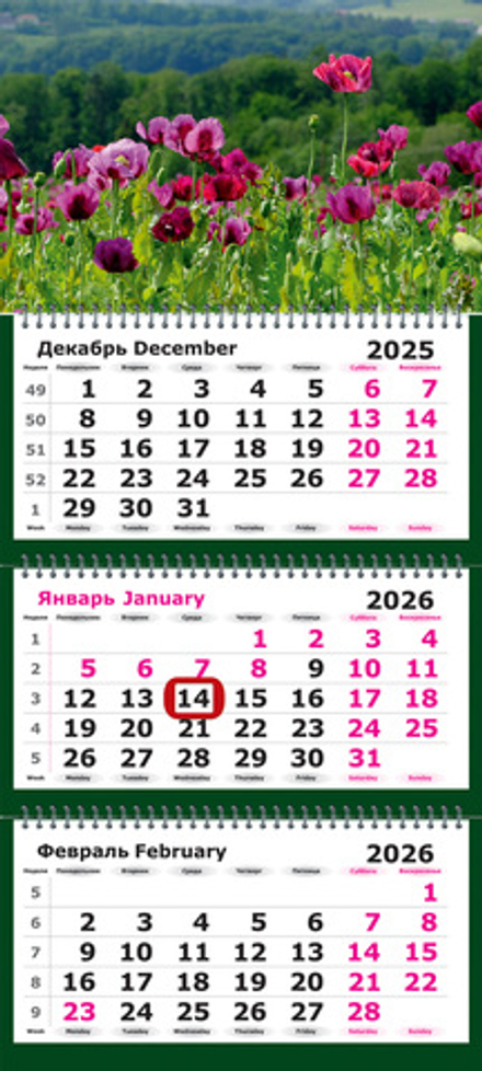 Календарь трехсекционный с магнитным курсором на 2026 год, "Пейзаж. Маковое Поле"