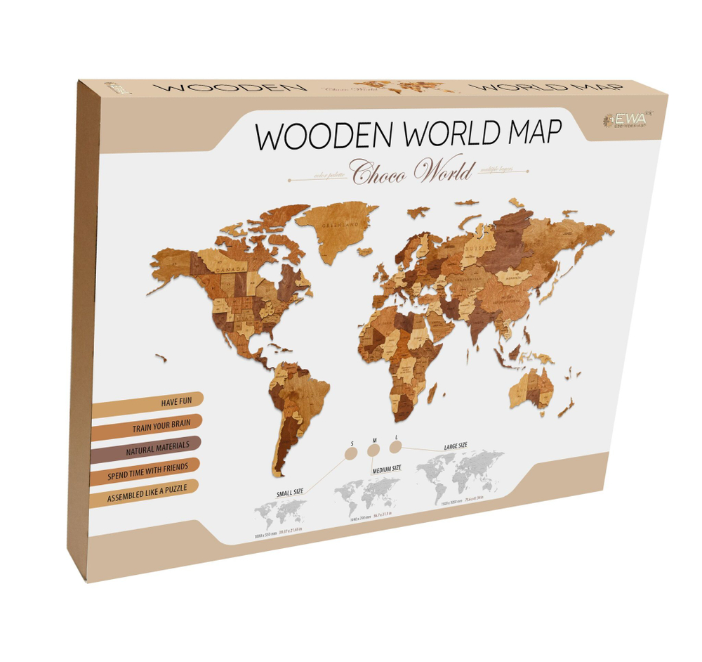 EWA Деревянная Карта Мира настенная, объемная 3 уровня, размер S (100x55 см), цвет шоколад