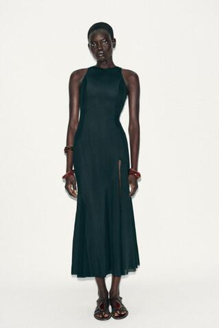 ZARA ДЛИННОЕ ПЛАТЬЕ ИЗ ТЮЛЯ С ЮБКОЙ ГОДЕ, ТЕМНО-ЗЕЛЕНЫЙ