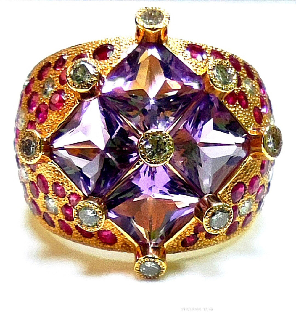 Ювелирное кольцо Эстерелла золото 750, аметист, рубин, бриллиант.