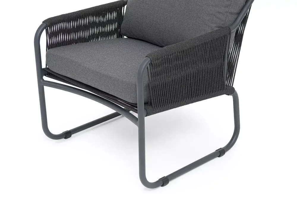 "Ането" кресло плетеное из роупа, каркас алюминий темно-серый (RAL7024) муар, роуп темно-серый круглый, ткань темно-серая 027