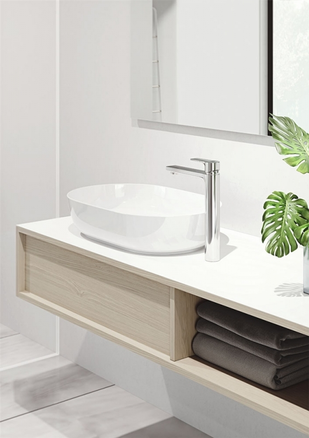 Фото в интерьере смеситель для раковины высокий Kludi Zenta Sl 482560565, без донного клапана, хром