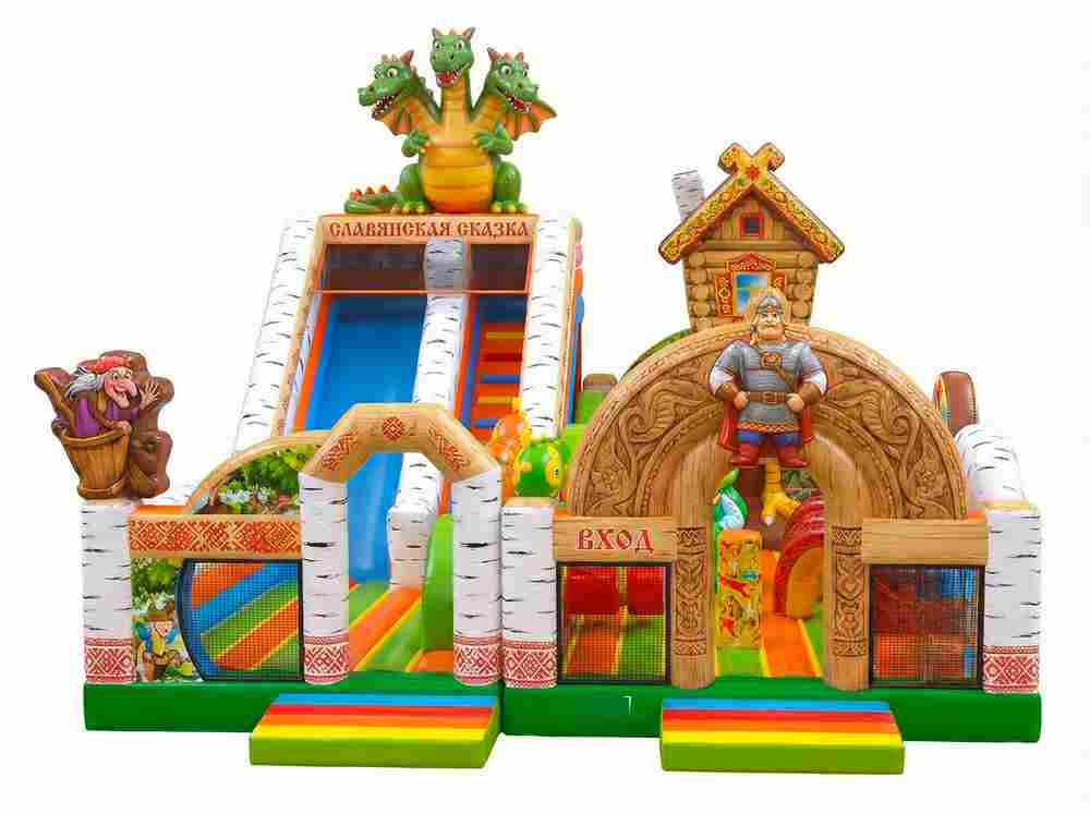 Коммерческий надувной батут «Славянская сказка», 11×10×7,9 м, с горкой