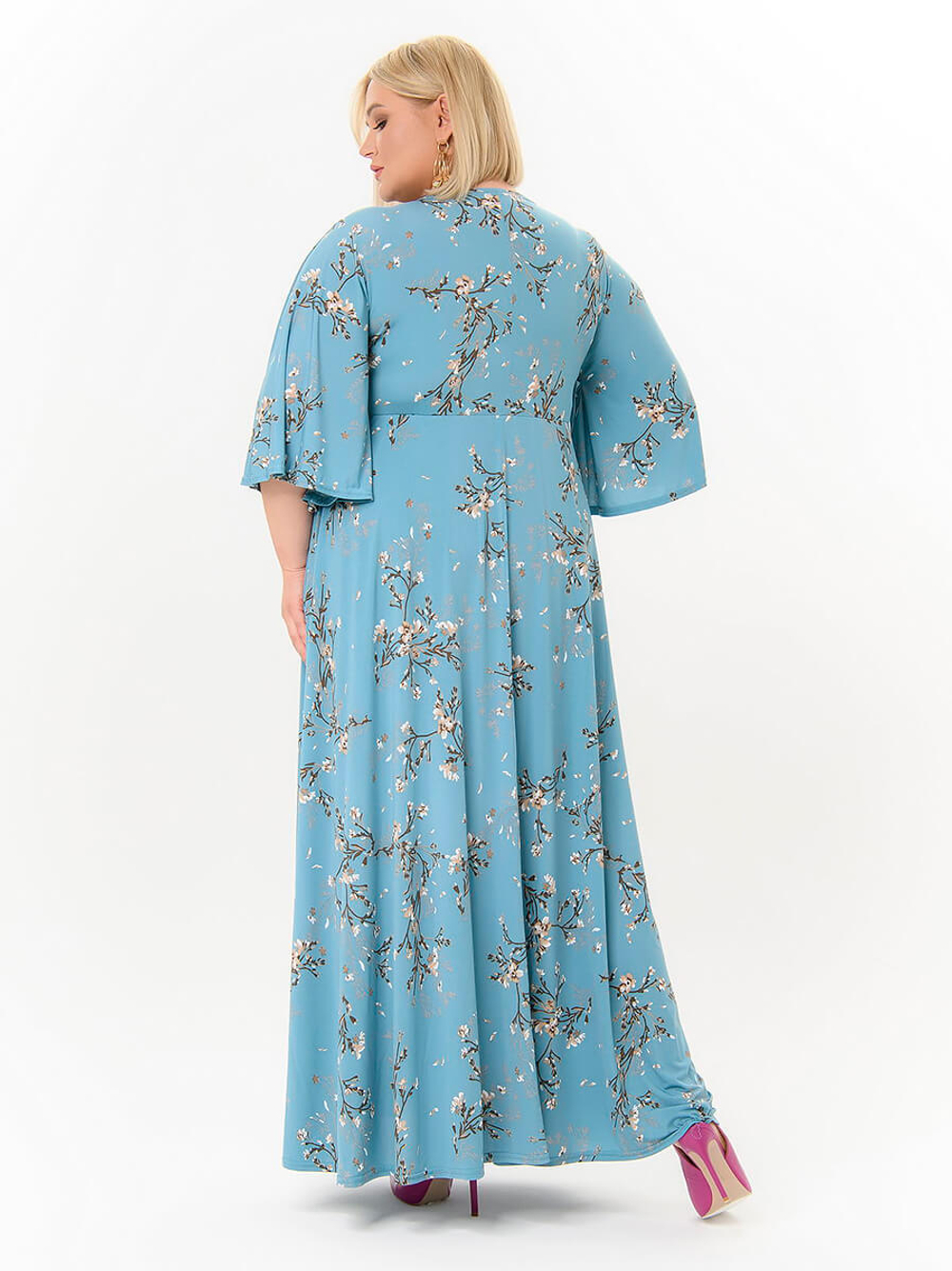 Платье с разрезом бирюзовое, цветочный принт