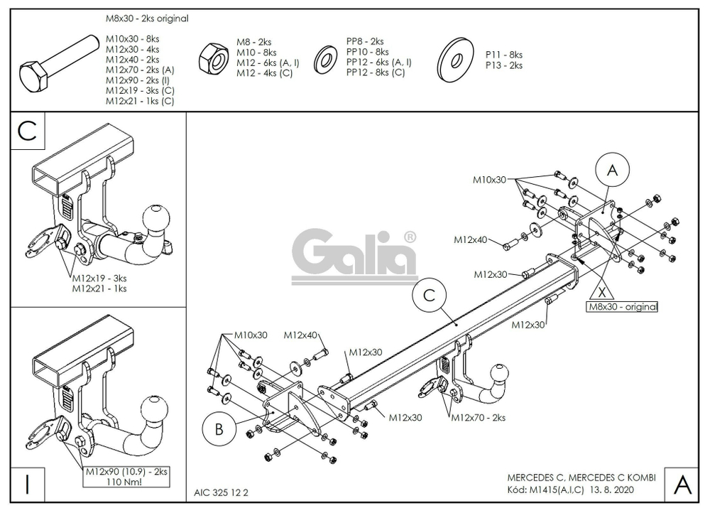 Фаркоп оцинкованный Galia M141A для Mercedes C-Class 2014-(паспорт и сертификат в комплекте)(без электрики)