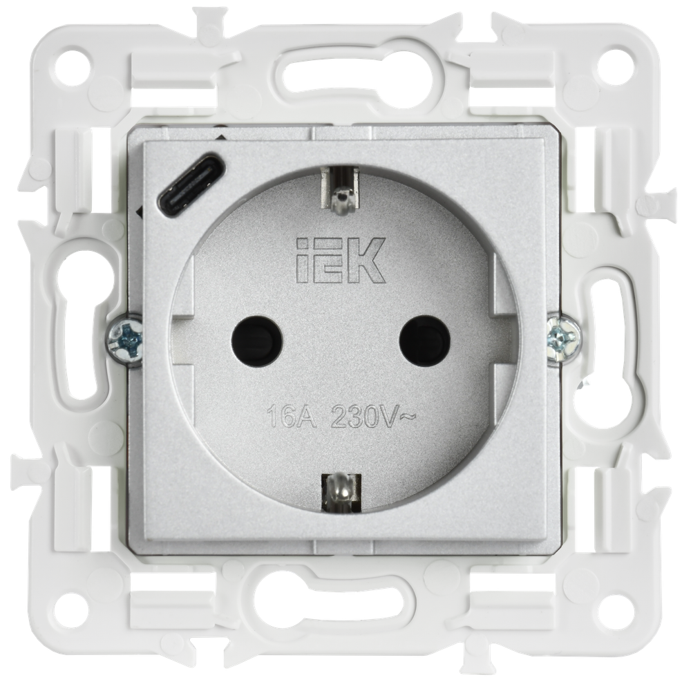SKANDY Розетка с заземлением с защитными шторками 16А с USB C 18Вт SK-R17S серебряный IEK