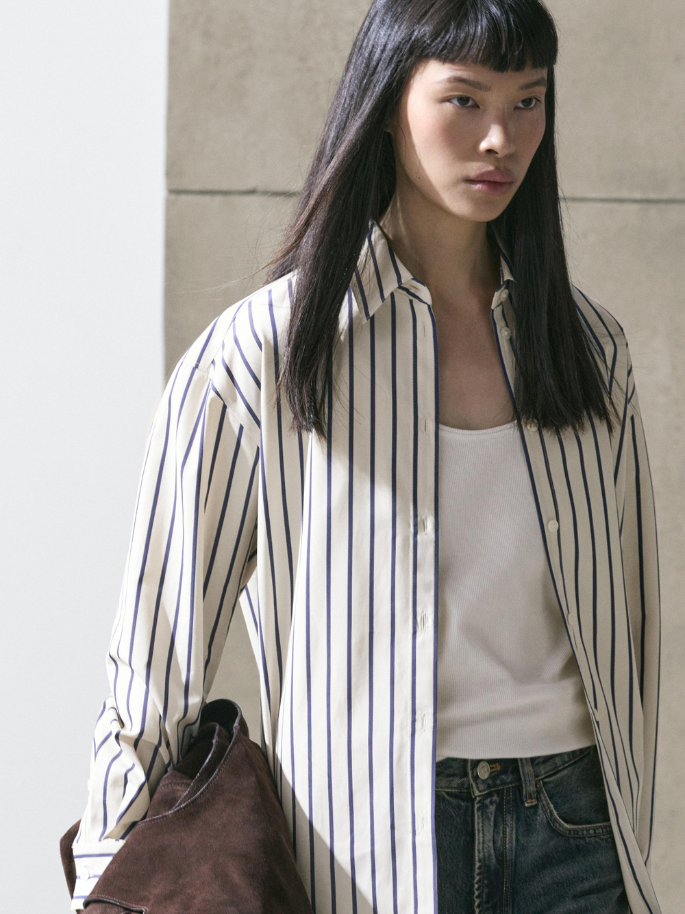 Massimo Dutti Рубашка из 100% хлопка в полоску, ванильный