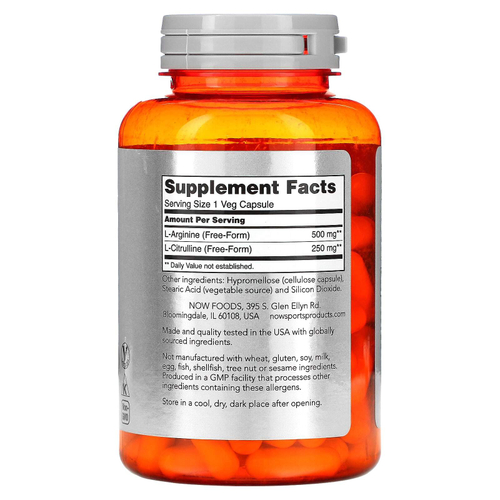 NOW Foods, Sports, аргинин и цитруллин, 120 вегетарианских капсул