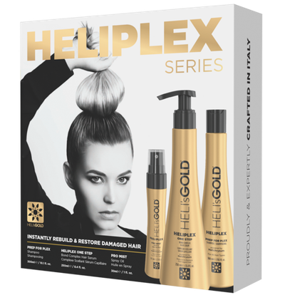 Подарочный набор HELI's GOLD Heliplex Series: шампунь 300 мл, сыворотка 250 мл, масло-спрей 30 мл.