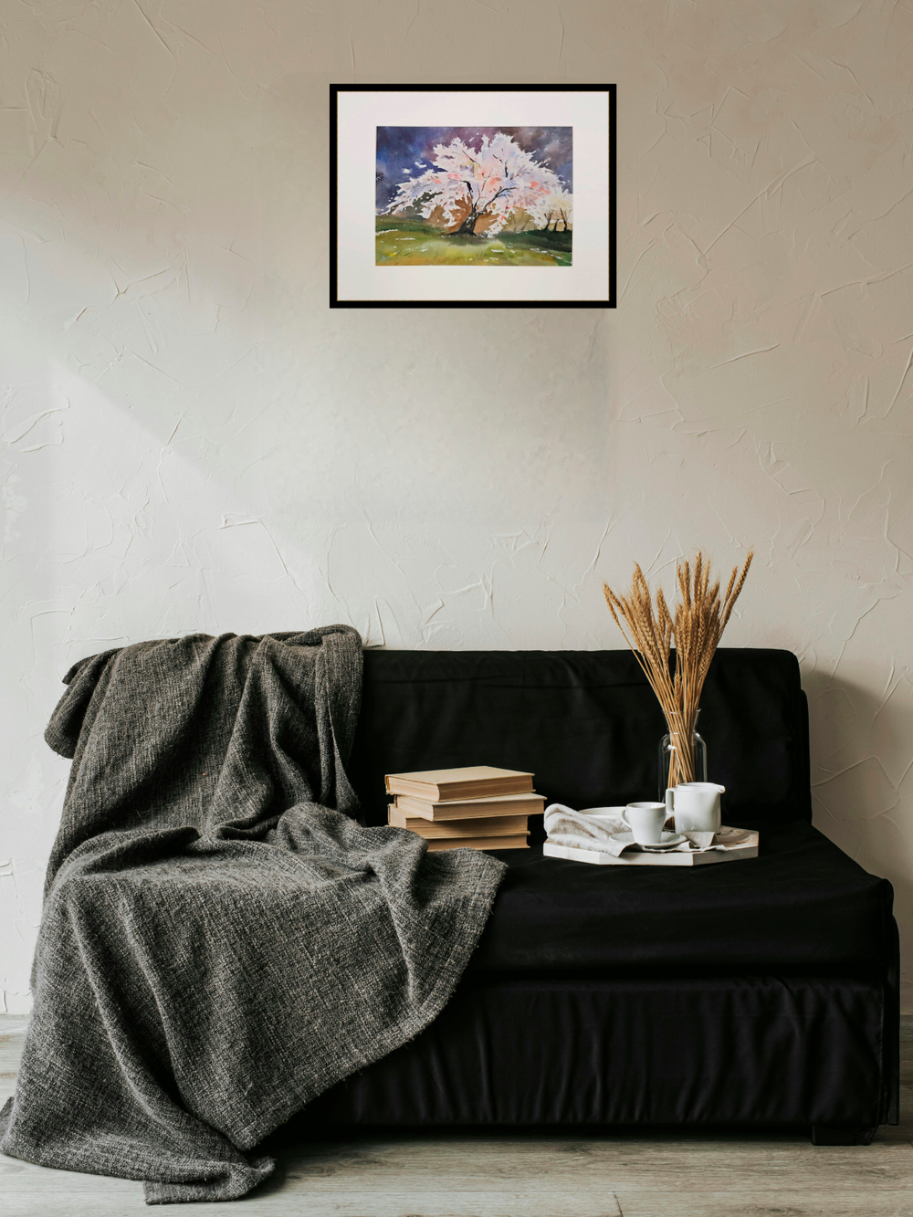 Картина авторская акварельная в паспарту 30х40 см на стену для интерьера "Цветущая сакура"