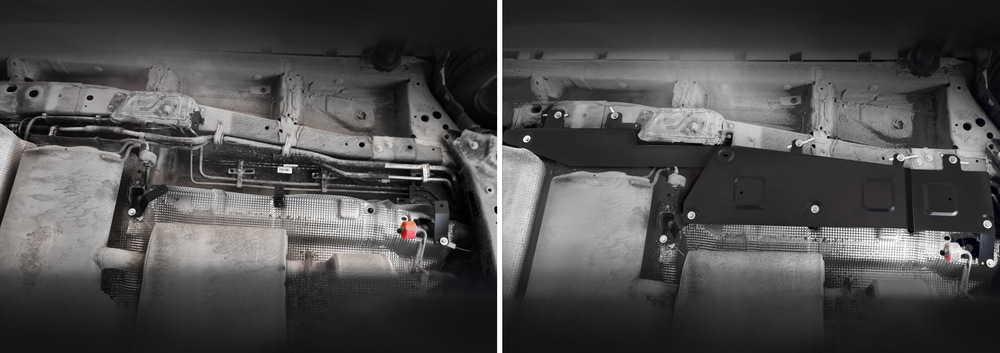 Защита топливных магистралей АвтоБроня для Geely Okavango I поколение рестайлинг (VX11) РКПП FWD 2024-н.в., рынок РФ, сталь 1.5 мм, с крепежом, штампованная, 111.01945.1