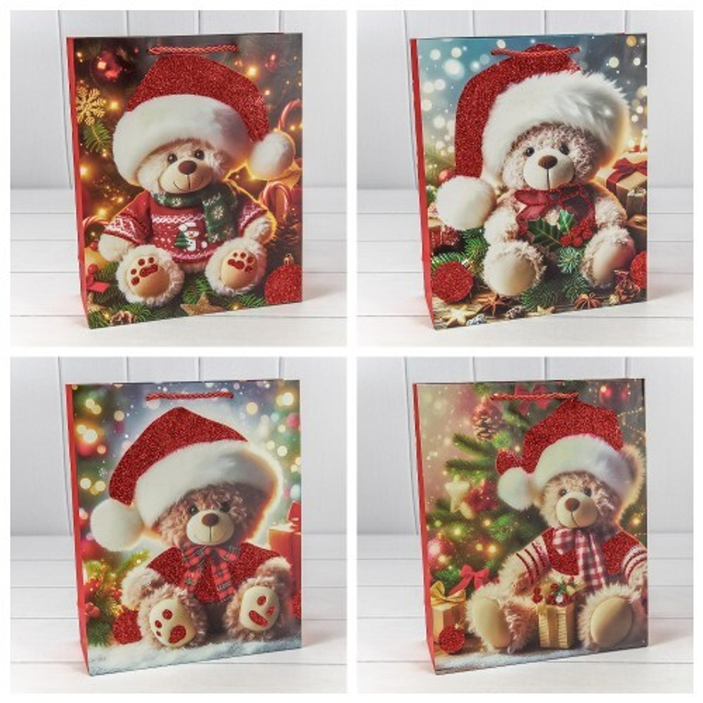 Пакет подарочный 26 х 32 х 10 см Набор 4 шт "Новый год" (Красный)