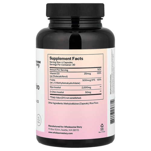 Wholesome Story, мио- и D-хироинозитол с фолатом МТГФ и витамином D3, 120 вегетарианских капсул