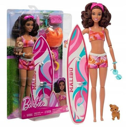 Кукла Mattel Barbie - Кукла брюнетка с доской для серфинга и собакой - Барби HPL69