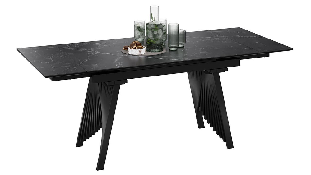 Стол кухонный обеденный раздвижной Черный муар/Керамика матовая черный мрамор 140(200)х85х78 см