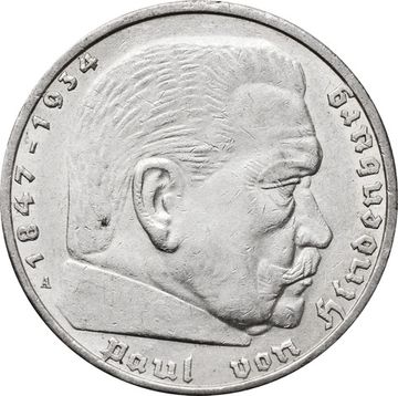 5 рейхсмарок 1936 Германия (Третий Рейх) "A", Орел без свастики (Гинденбург)