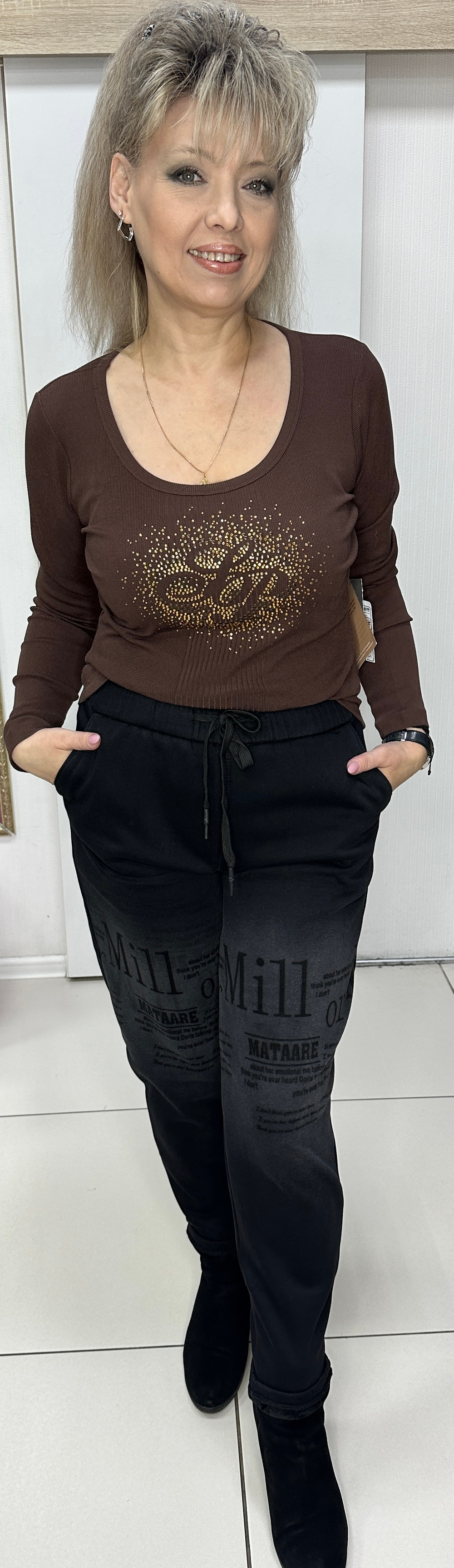 Шелковый австрийский блузон со стразовым принтом