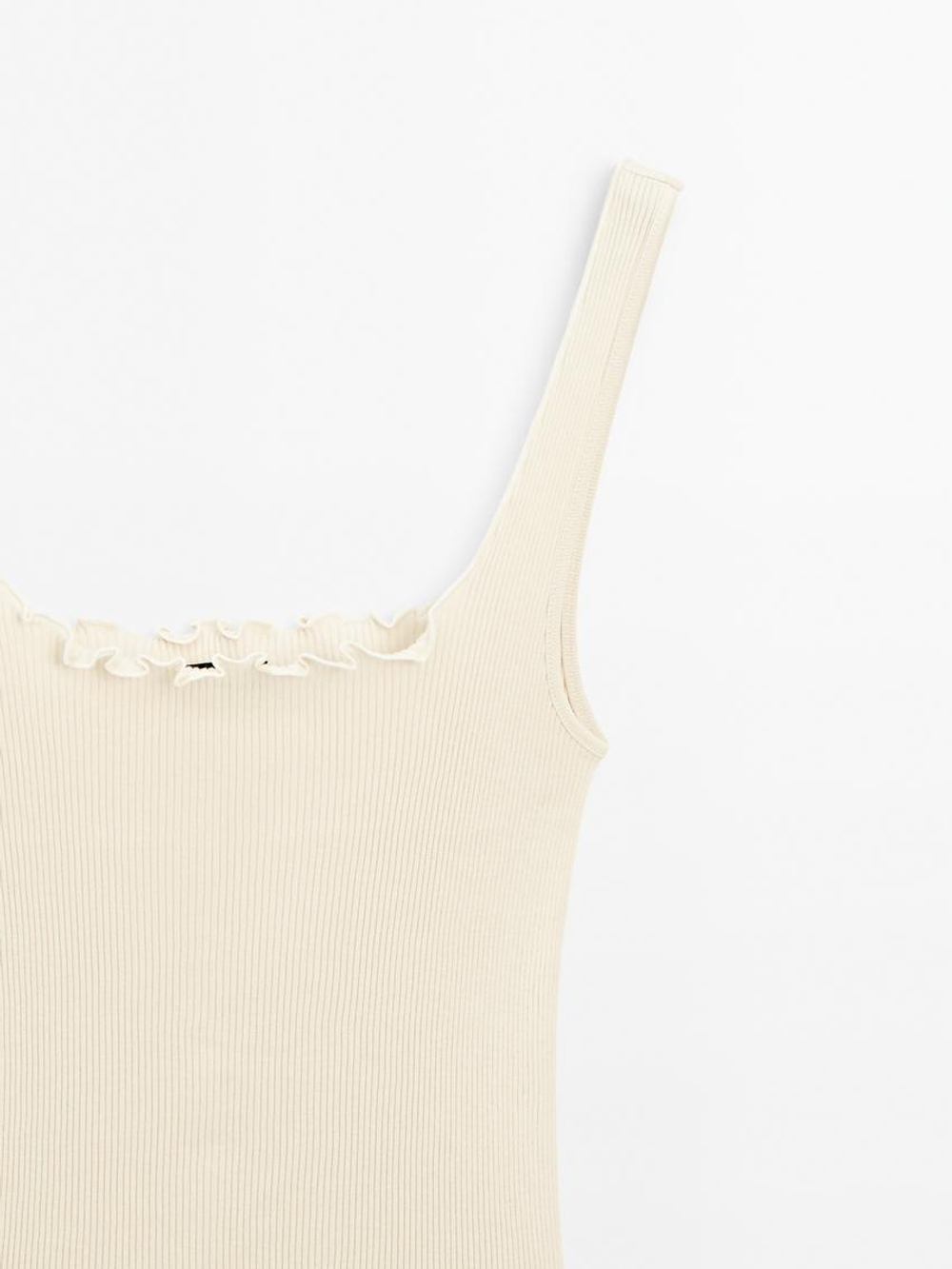 Massimo Dutti Топ из 100% хлопка в рубчик с воланами, бежевый