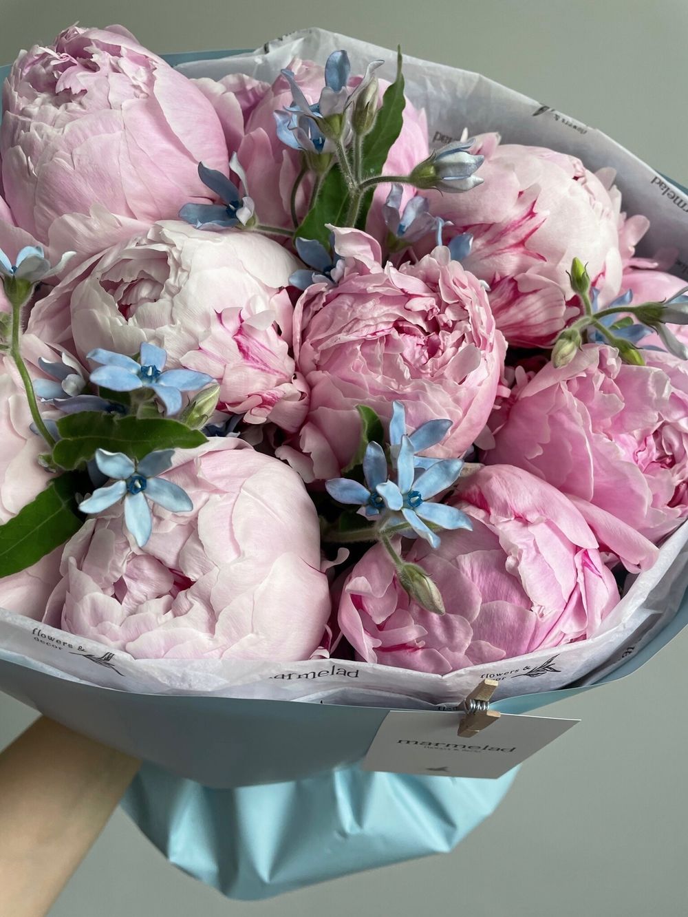 Букет 13шт пионов с незабудками в оформлении