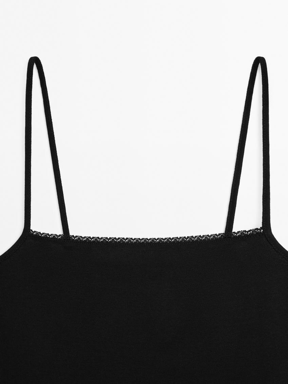 Massimo Dutti Трикотажный топ на бретелях с кружевом, черный